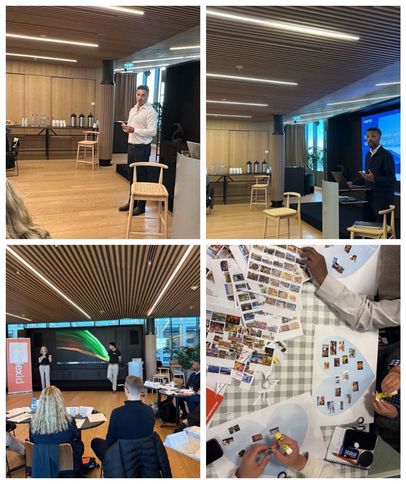 En collage av mennesker i et rom med en person som står foran en skjerm