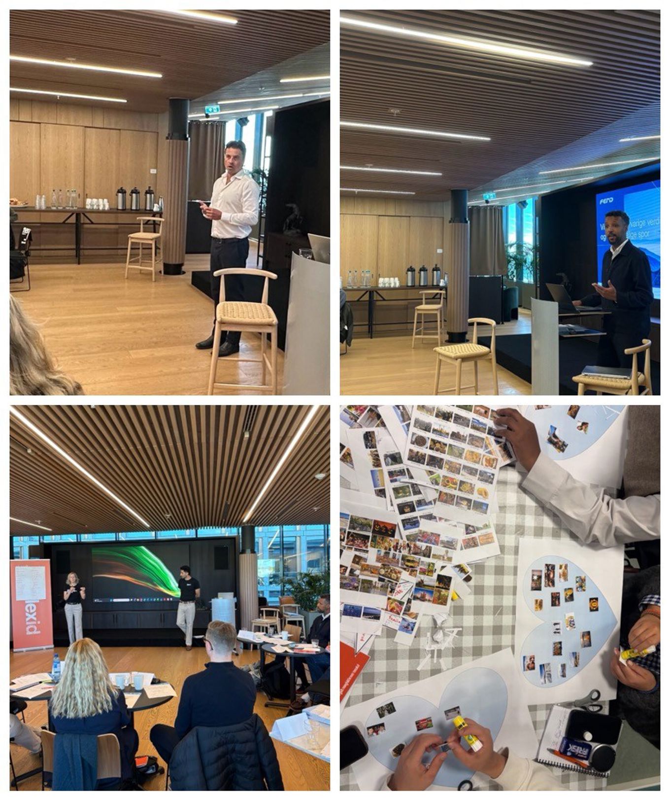 En collage av mennesker i et rom med en person som står foran en skjerm